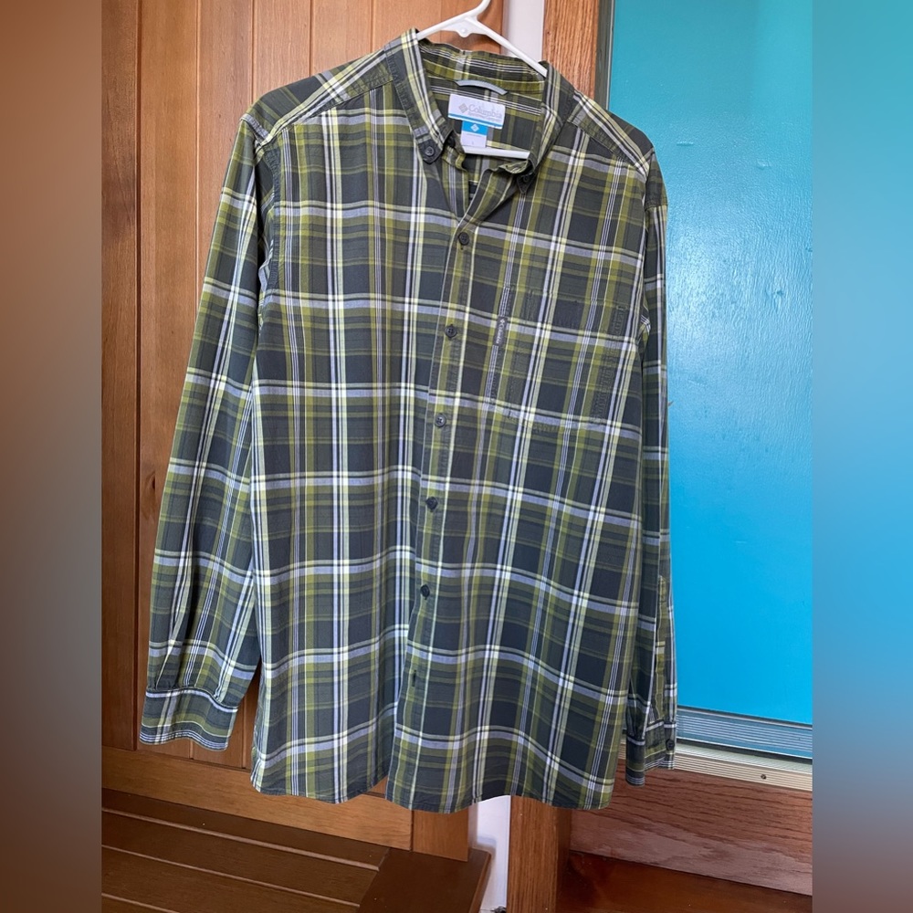 Columbia Men’s Shirt Green Plaid Long Sleeve Size L